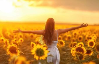 Young woman in field of sunflowers at sunset
