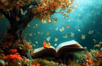 Beautiful header of a fantasy forest with trees, flowers, butterflies and an open book. Book day concept. Wonderland, education, literacy, knowledge and dreaming concept.